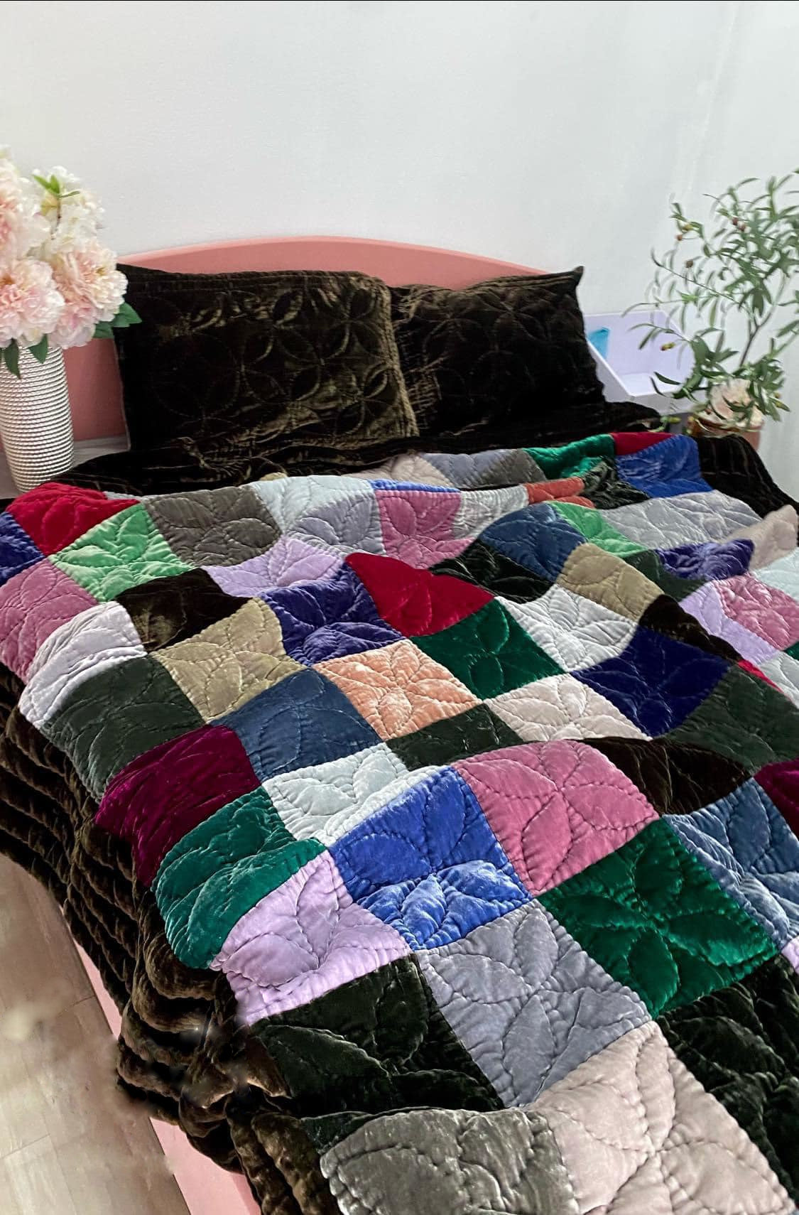 Antique Wool and Silk Quilt Top with Foundation Backing