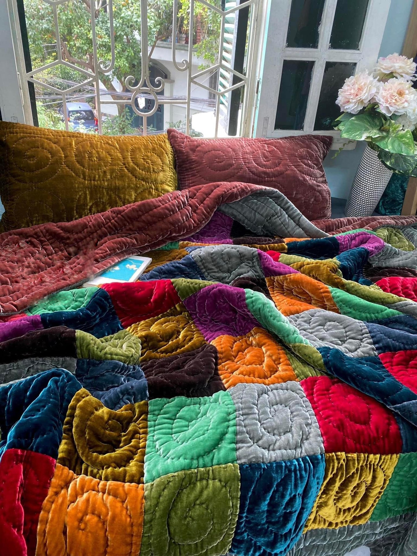 Antique Wool and Silk Quilt Top with Foundation Backing
