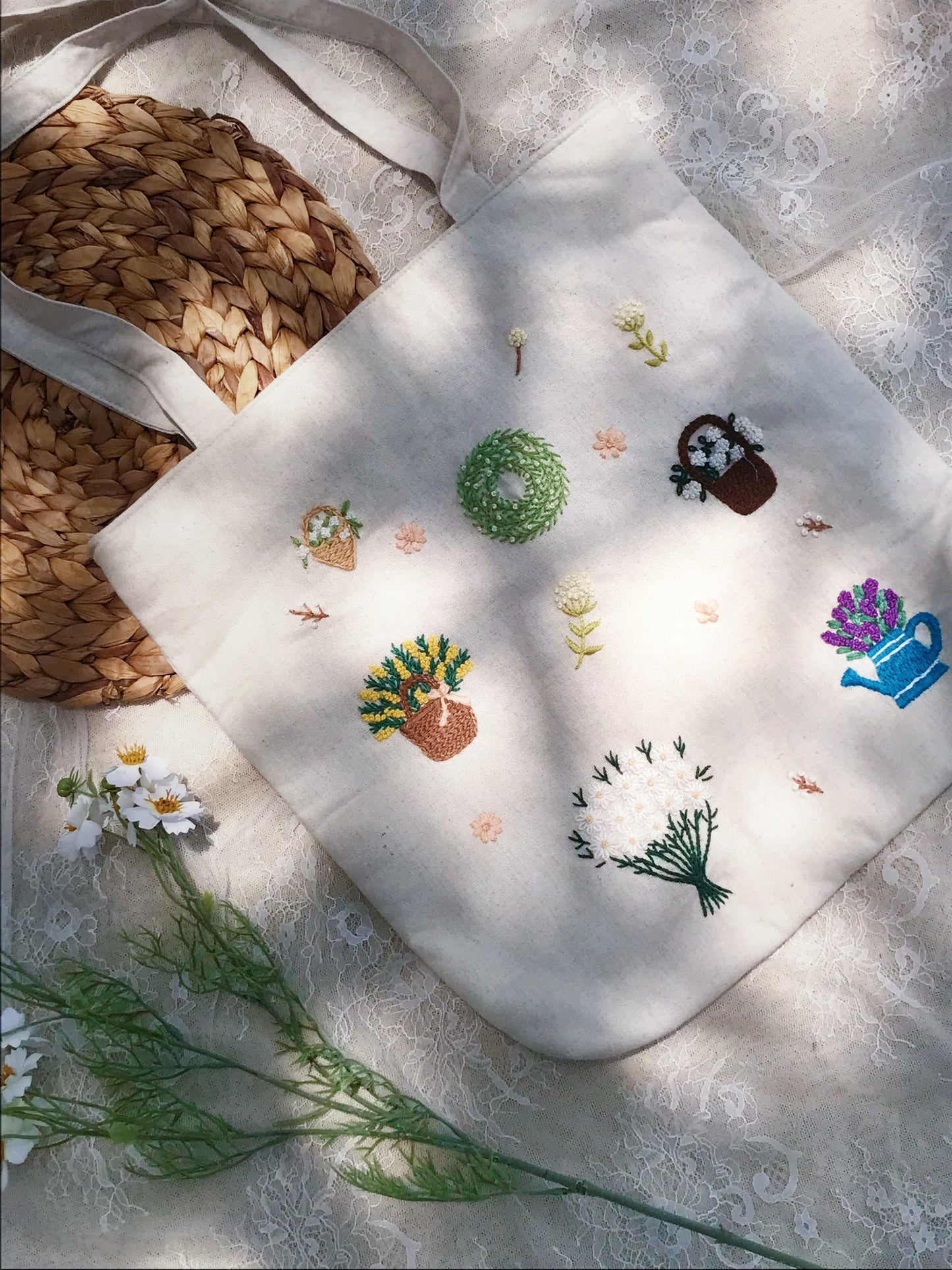 Handmade Embroidered Floral Tote Bag, Whimsical Garden Design, Unique Artisan Tote Bag, Embroidered Shopping Bag, Eco-Friendly Fashion
