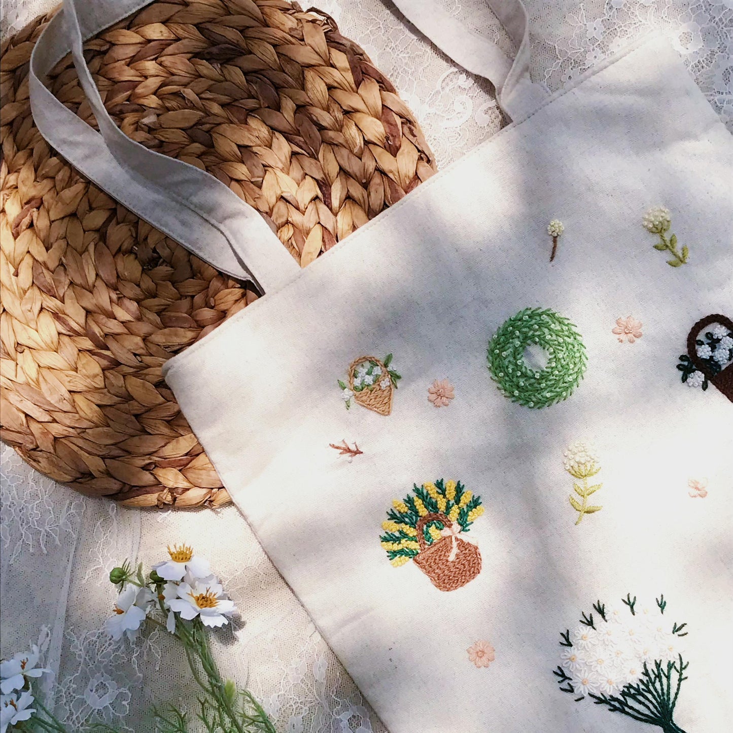 Handmade Embroidered Floral Tote Bag, Whimsical Garden Design, Unique Artisan Tote Bag, Embroidered Shopping Bag, Eco-Friendly Fashion