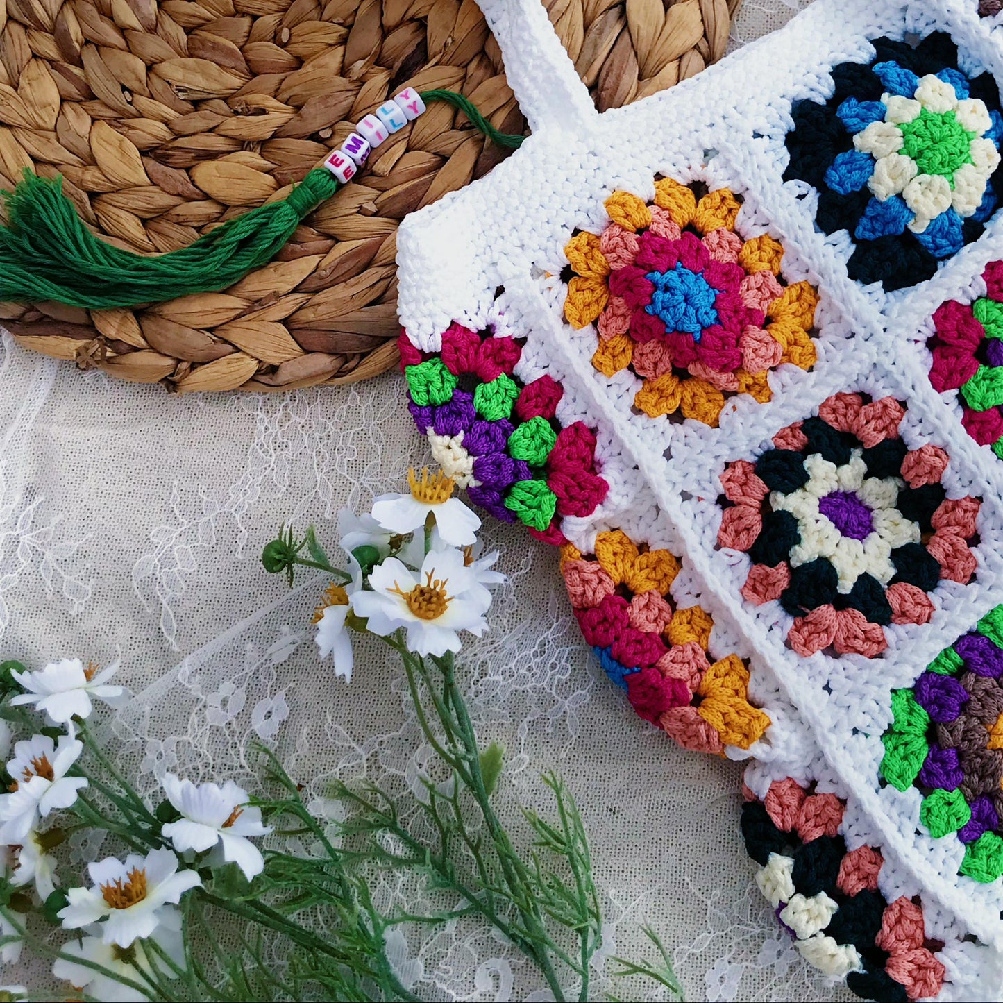 Handmade Crochet Granny Square Bags, Colorful Boho Tote Bags, Unique Crochet Market Bags, Vibrant Crochet Handbags, Artisan Crochet Fashion