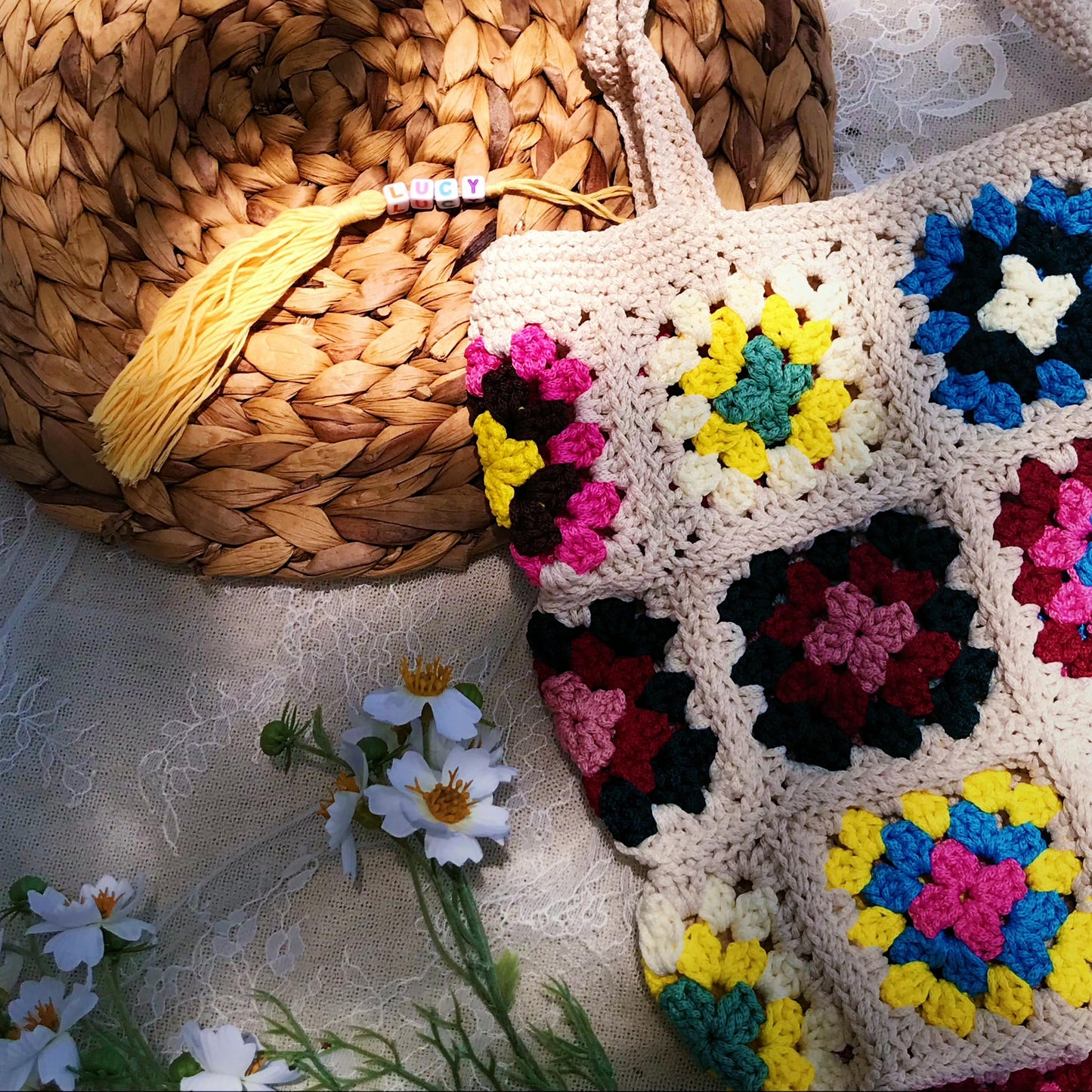Handmade Crochet Granny Square Bags, Colorful Boho Tote Bags, Unique Crochet Market Bags, Vibrant Crochet Handbags, Artisan Crochet Fashion