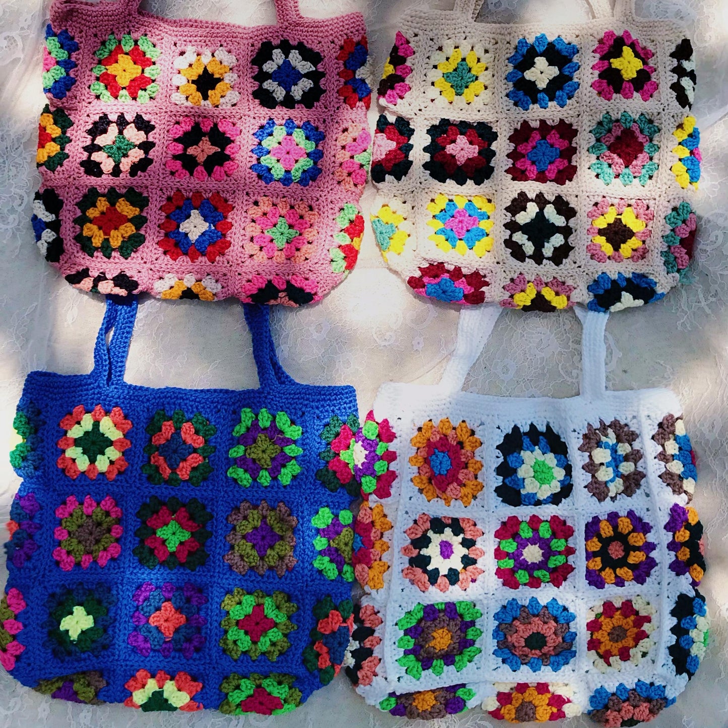 Handmade Crochet Granny Square Bags, Colorful Boho Tote Bags, Unique Crochet Market Bags, Vibrant Crochet Handbags, Artisan Crochet Fashion