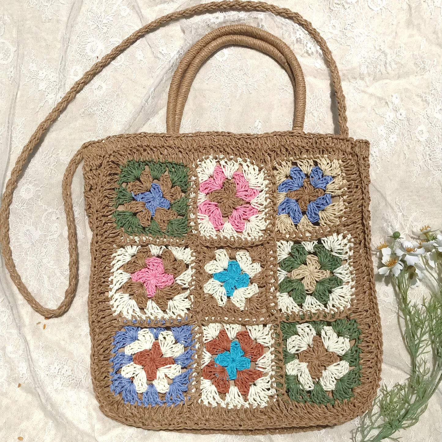 Handmade Crochet Granny Square Bag, Colorful Boho Tote Bag, Unique Crochet Market Bag, Vibrant Crochet Handbag, Artisan Crochet Fashion