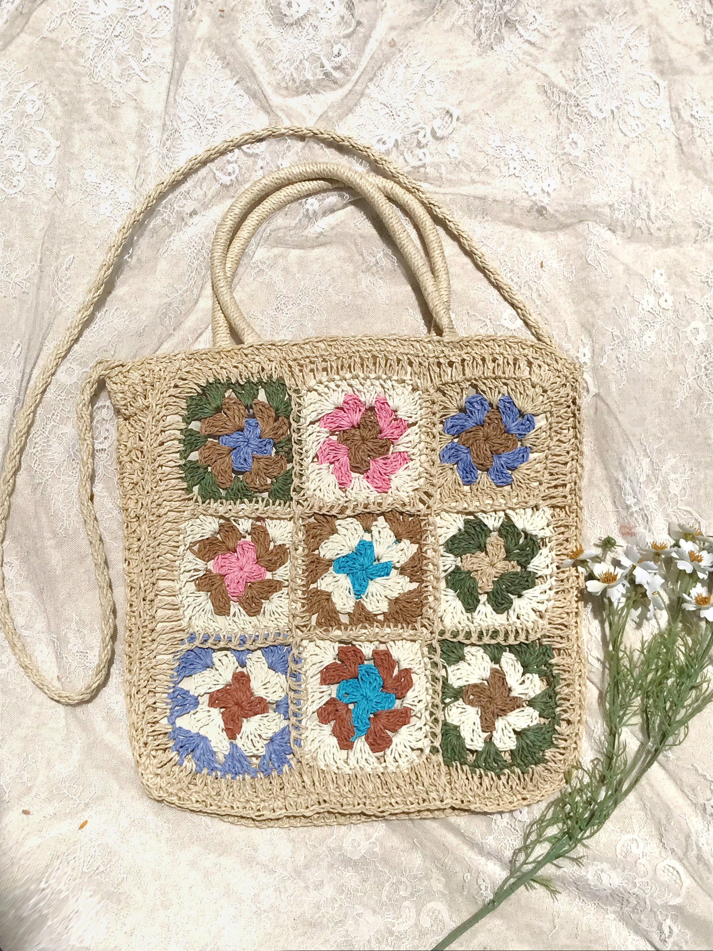 Handmade Crochet Granny Square Bag, Colorful Boho Tote Bag, Unique Crochet Market Bag, Vibrant Crochet Handbag, Artisan Crochet Fashion