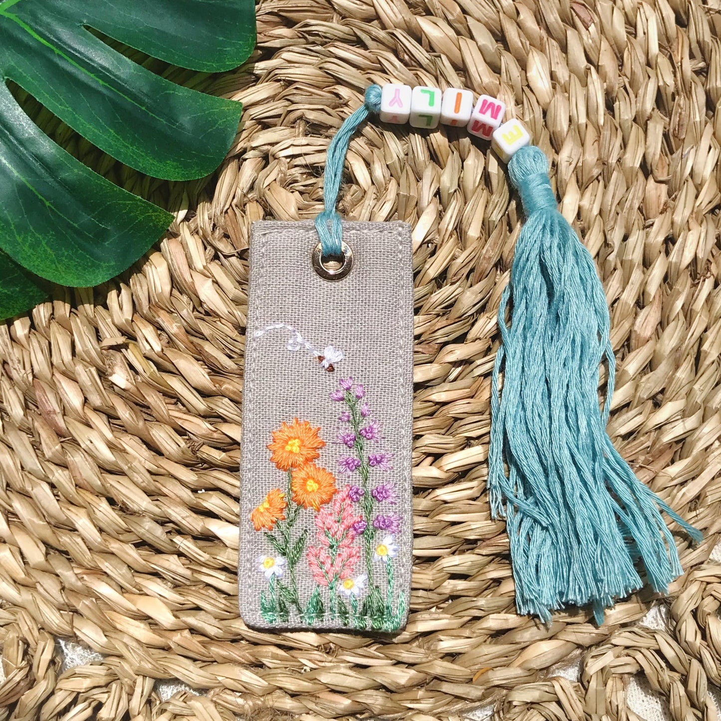 Personalized Bookmarks, Linen Hand Embroidered Bookmark, Flower Bookmark