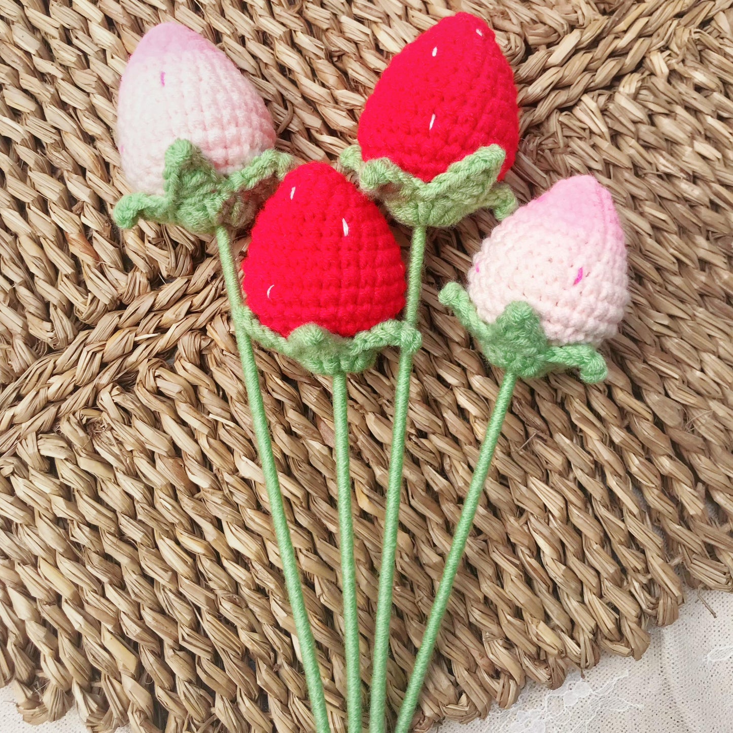 Handmade Crochet Strawberry Bouquet, Fruity Floral Decor, Unique Crochet Gift, Spring Home Decor, Artisan Crochet Flowers