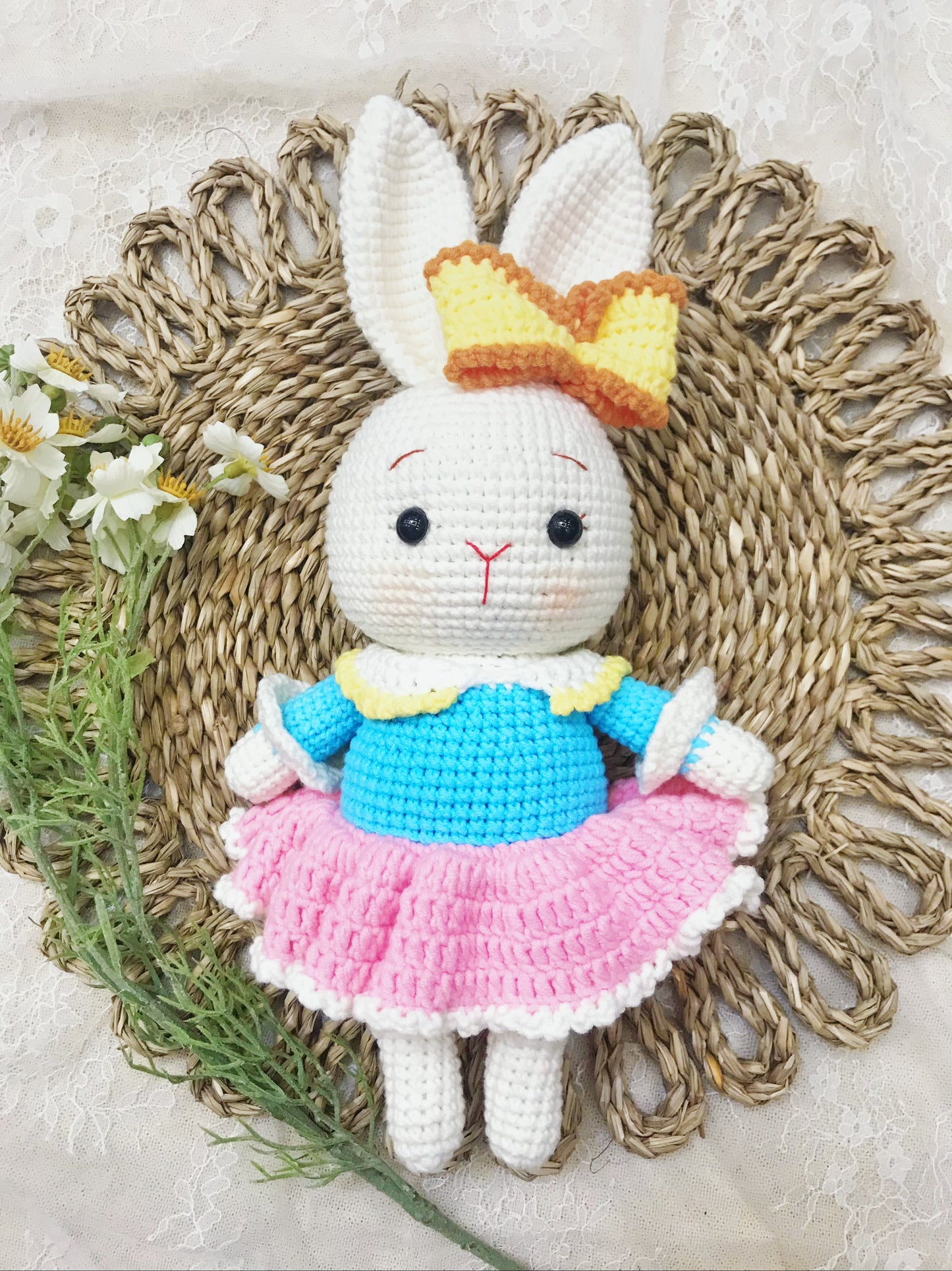 Adorable Handmade Crochet Bunny Plush Trio - Colorful Outfits with Accessories