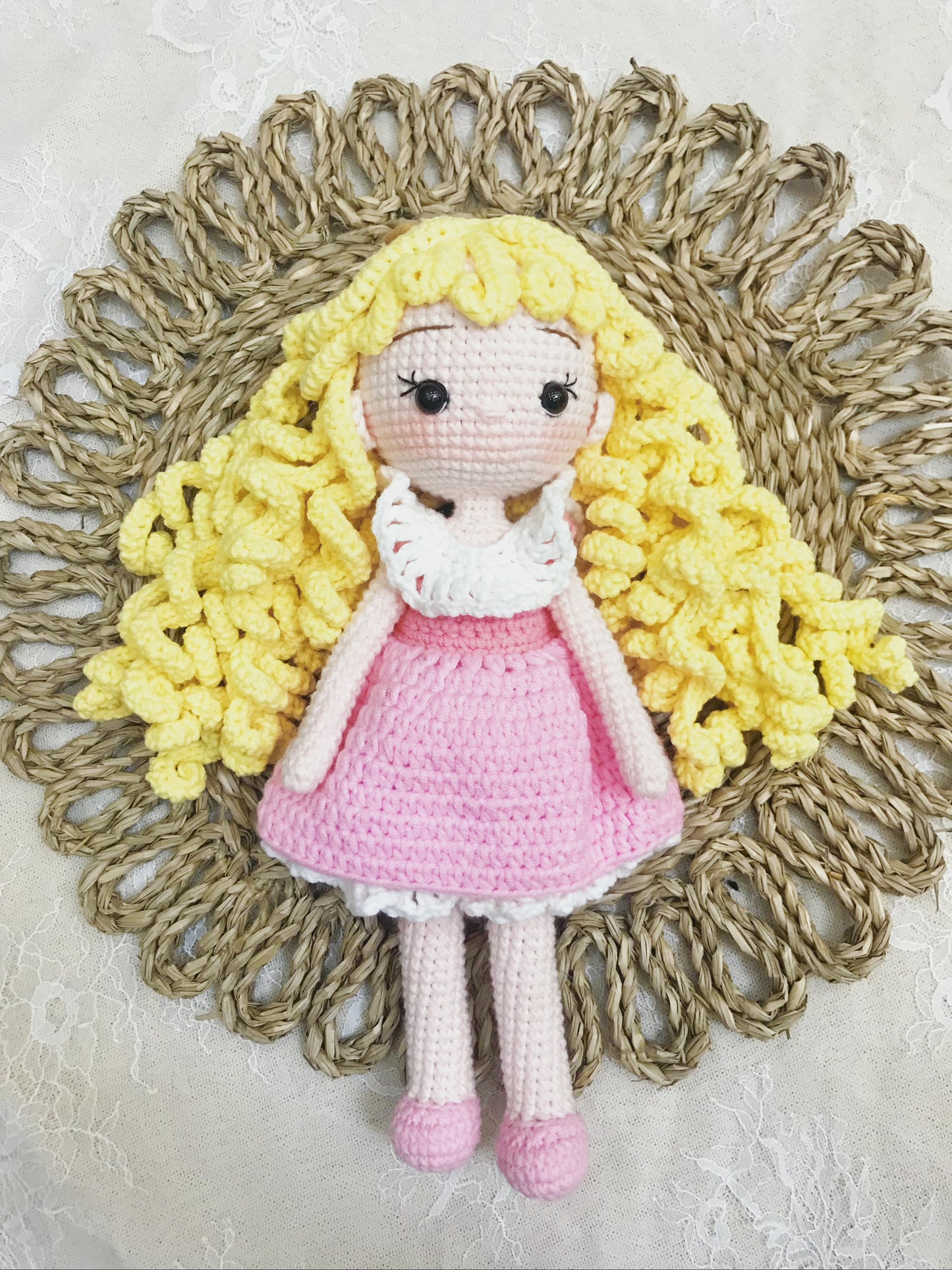 Handmade Crochet Girl Doll in Blue Pink Dress – Soft Plush Toy