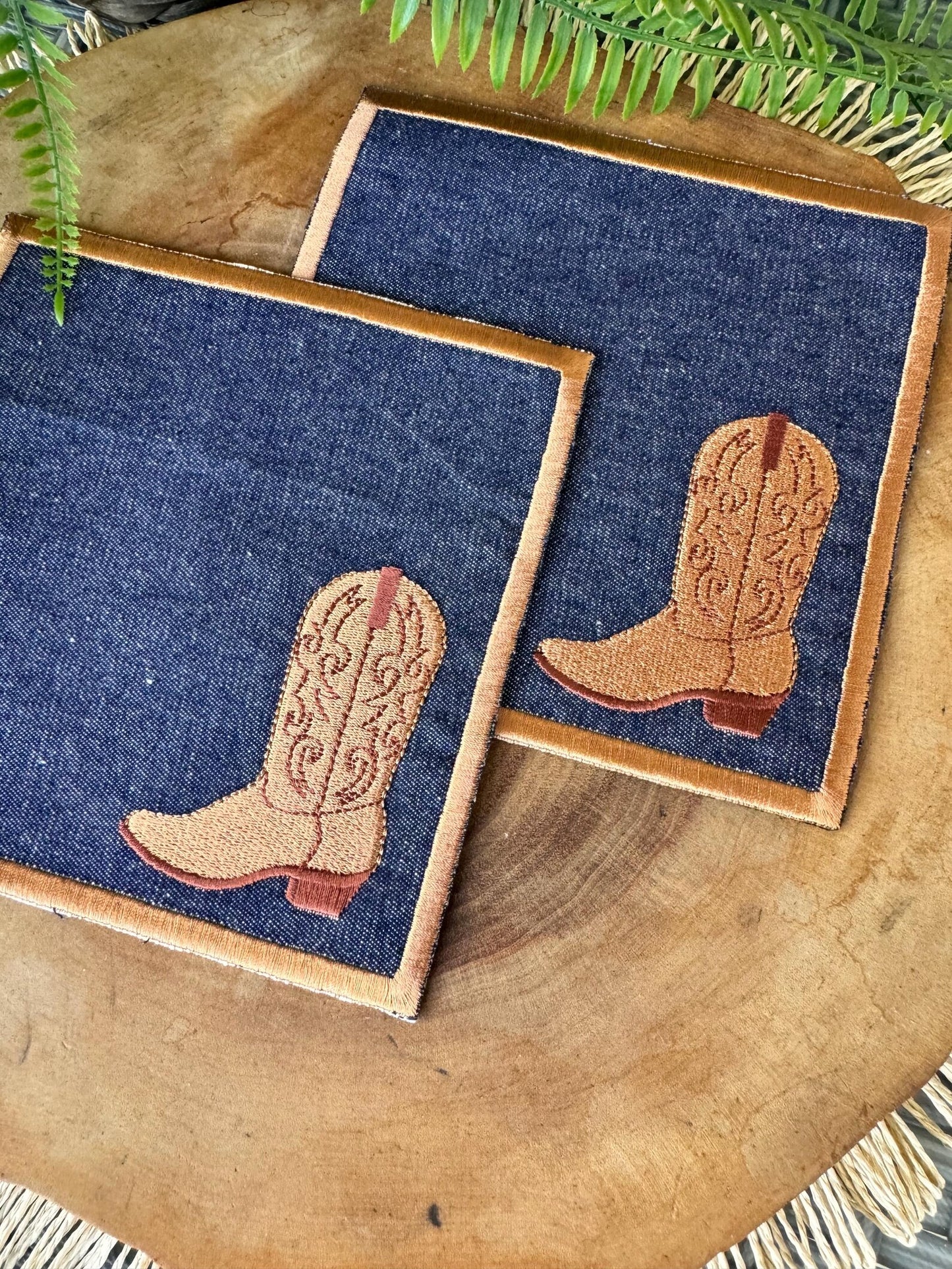 Embroidered Denim Placemat with Cowboy Boot Design | Western Dinner Placemat