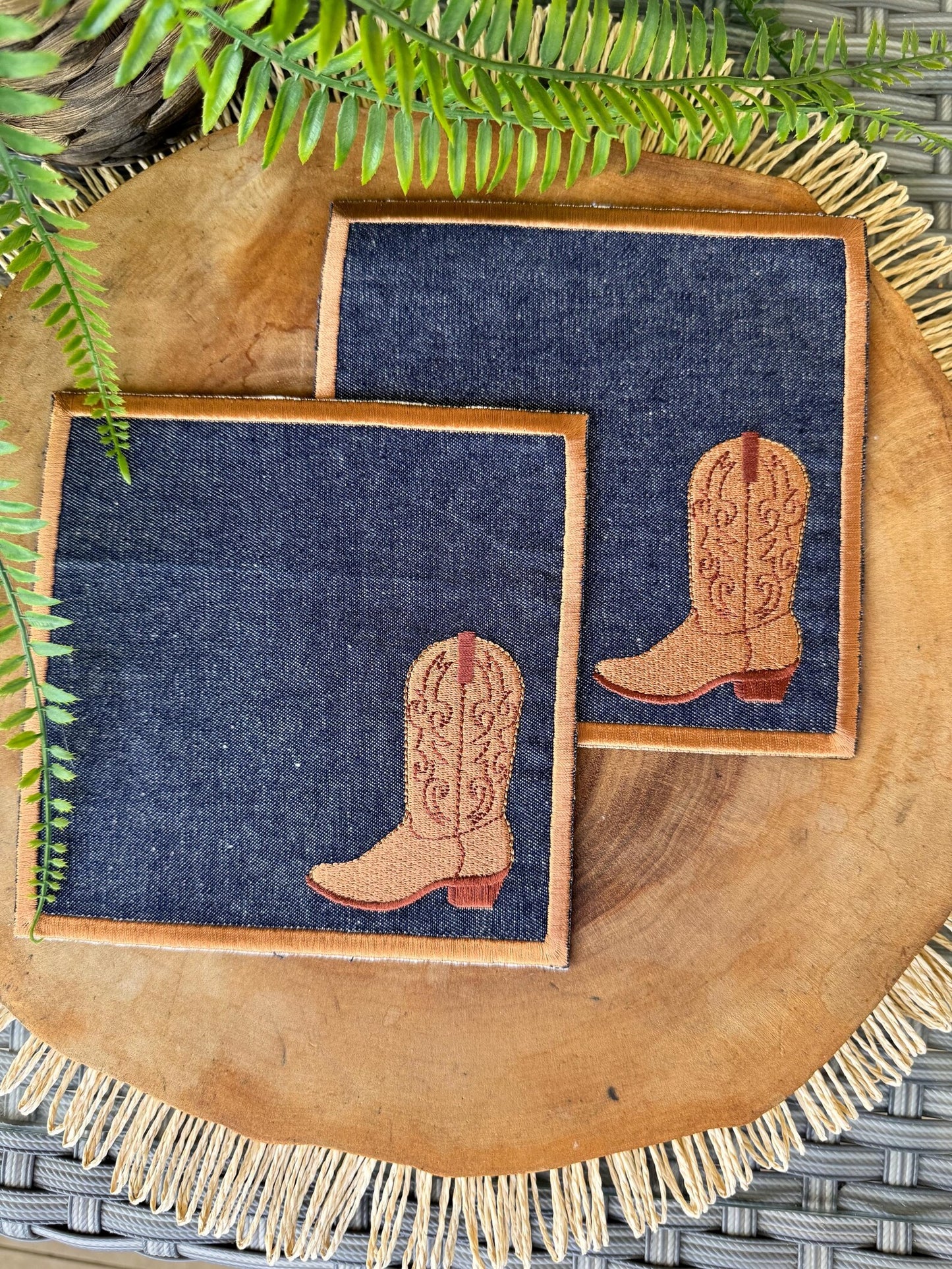 Embroidered Denim Placemat with Cowboy Boot Design | Western Dinner Placemat