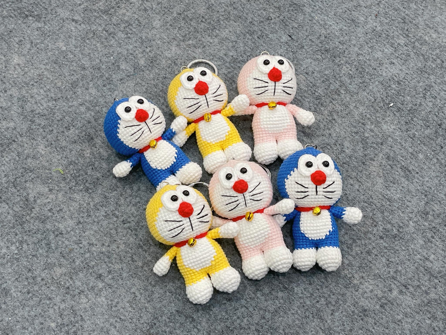 Handmade Crochet Doraemon Keychains, Cute Crochet Character Charms, Unique Crochet Gift, Kawaii Crochet Accessories, Artisan Crochet Keychains