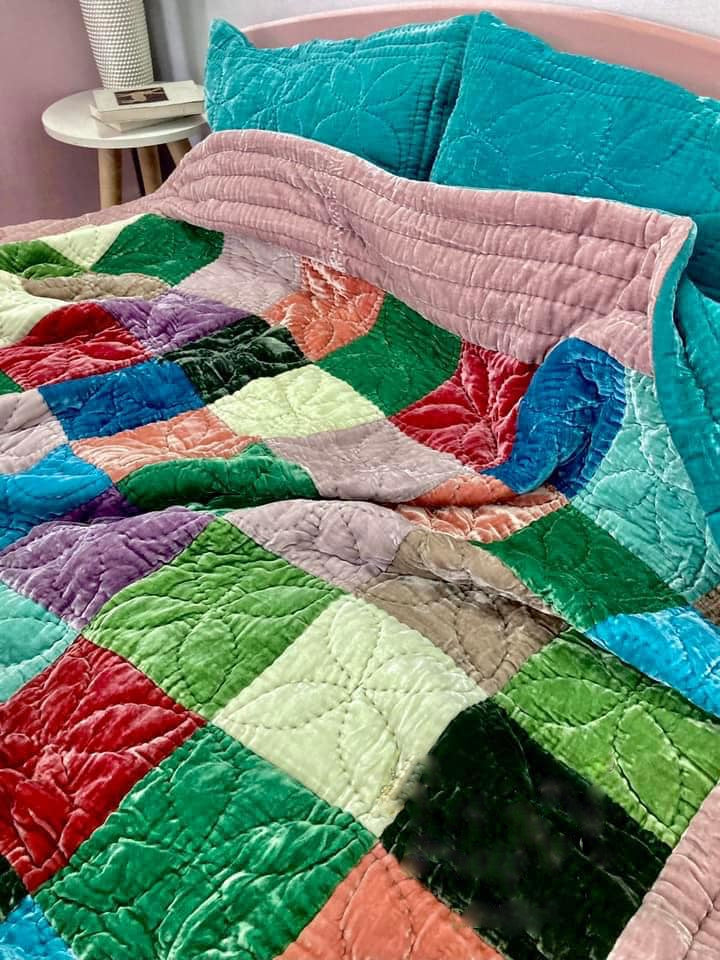Antique Wool and Silk Quilt Top with Foundation Backing