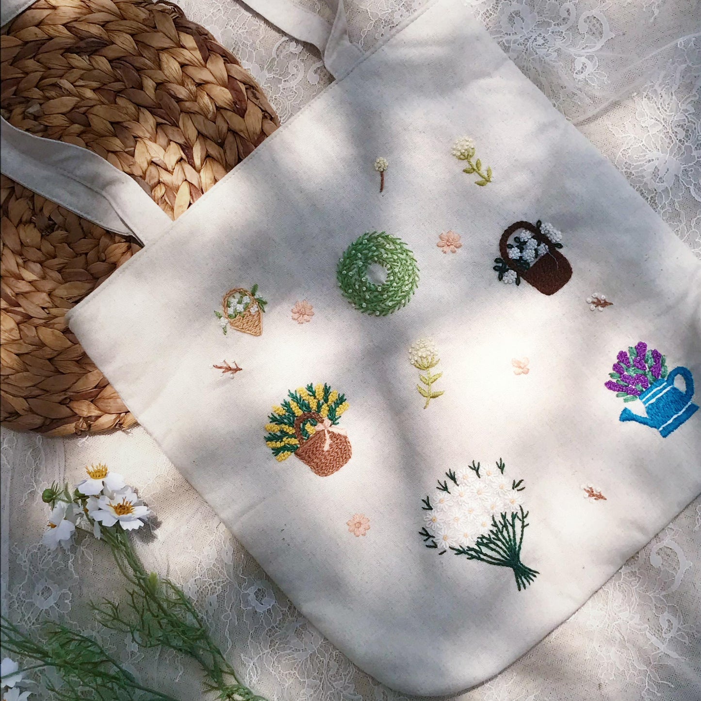 Handmade Embroidered Floral Tote Bag, Whimsical Garden Design, Unique Artisan Tote Bag, Embroidered Shopping Bag, Eco-Friendly Fashion