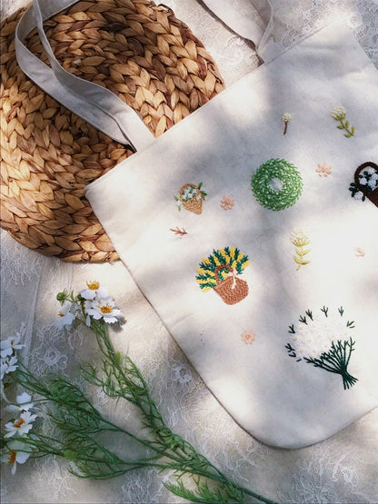 Handmade Embroidered Floral Tote Bag, Whimsical Garden Design, Unique Artisan Tote Bag, Embroidered Shopping Bag, Eco-Friendly Fashion
