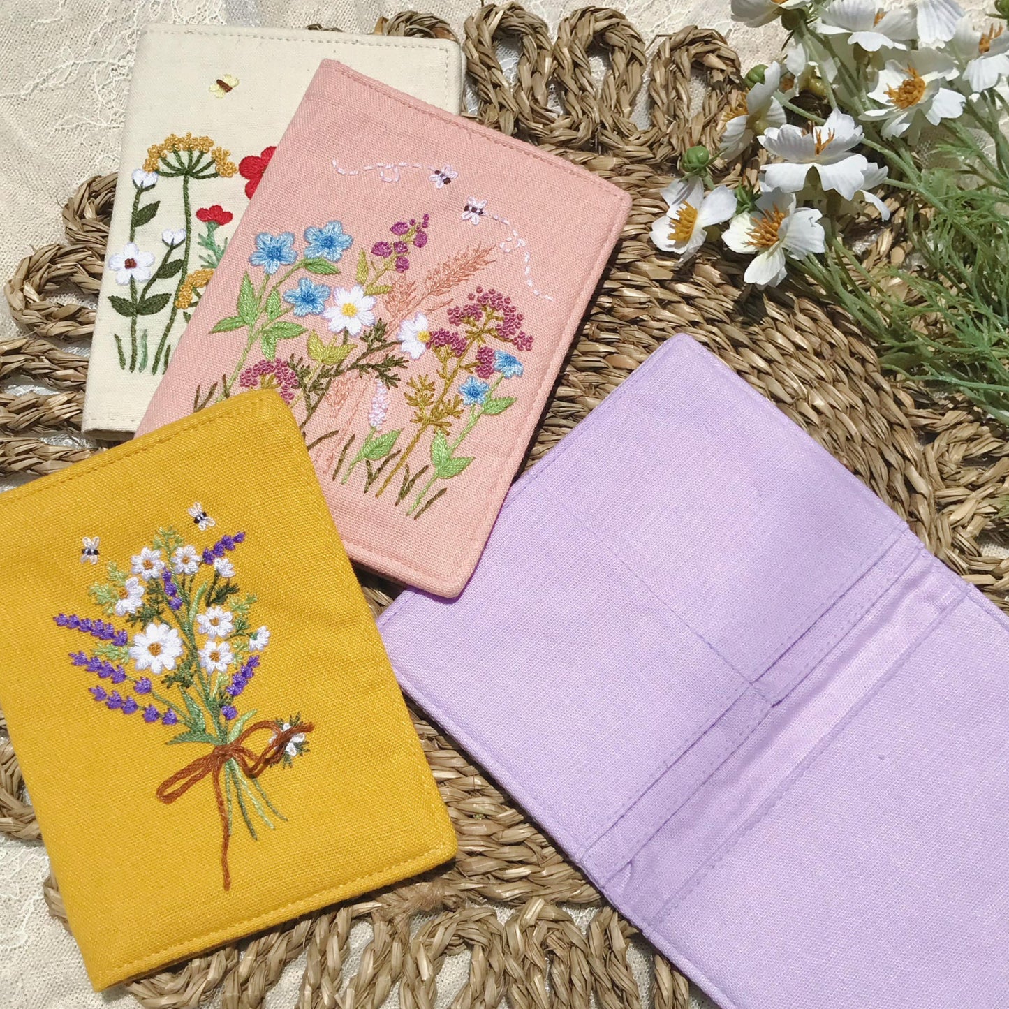 Hand Embroidered Passport Cover with Flower Embroidery, Vintage Floral Passport Wallet,