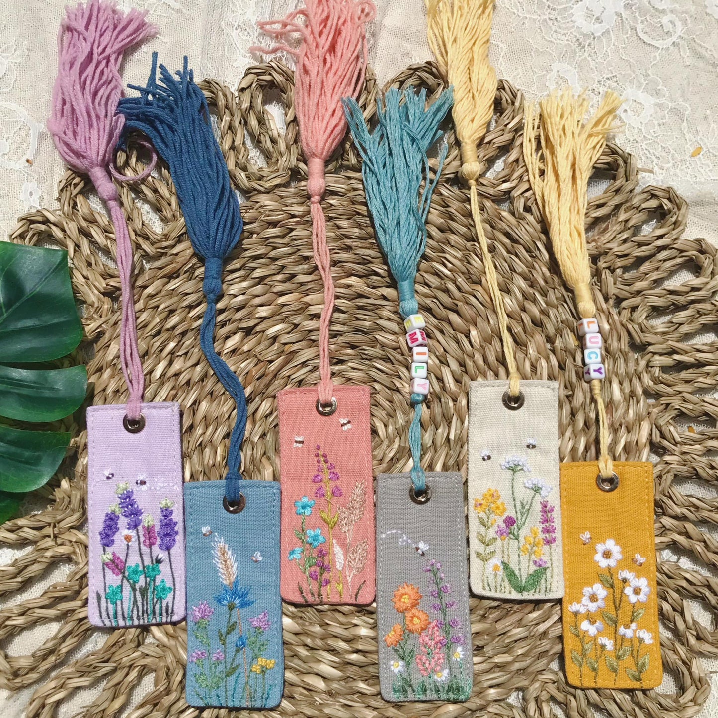 Personalized Bookmarks, Linen Hand Embroidered Bookmark, Flower Bookmark