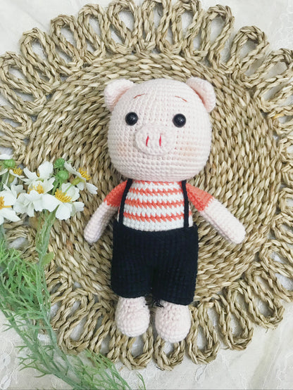 Cute Handmade Crochet Animal Plush Set - Cat, Bear, Pig, and Monkey in Adorable Outfits