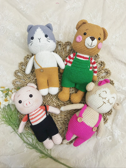 Cute Handmade Crochet Animal Plush Set - Cat, Bear, Pig, and Monkey in Adorable Outfits