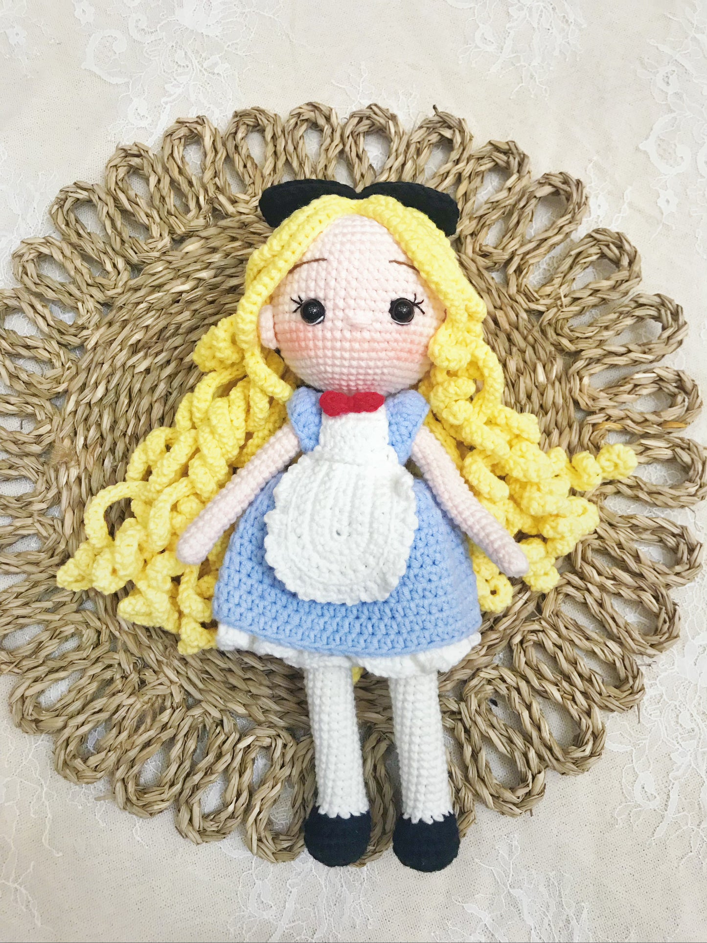 Handmade Crochet Girl Doll in Blue Pink Dress – Soft Plush Toy
