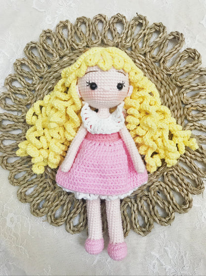 Handmade Crochet Girl Doll in Blue Pink Dress – Soft Plush Toy