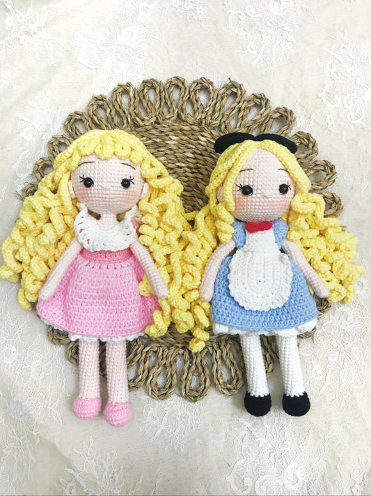 Handmade Crochet Girl Doll in Blue Pink Dress – Soft Plush Toy