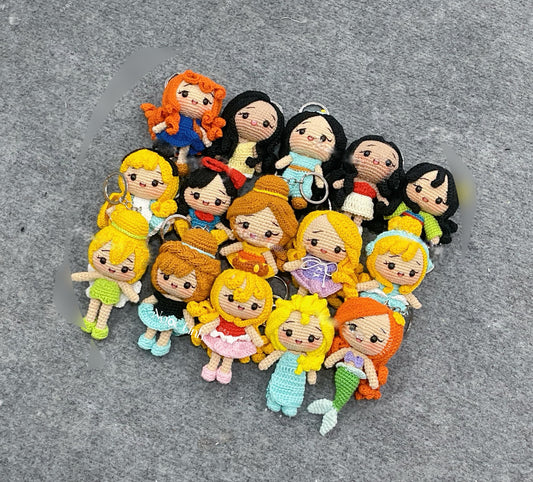 Handmade Crochet Princess Keychains, Cute Crochet Character Charms, Unique Crochet Gift, Kawaii Crochet Accessories, Artisan Crochet Keychains