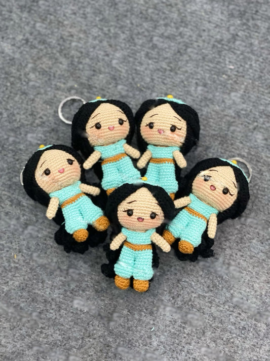 Handmade Crochet Jasmine Keychains, Cute Crochet Princess Charms, Unique Crochet Gift, Kawaii Crochet Accessories, Artisan Crochet Keychains