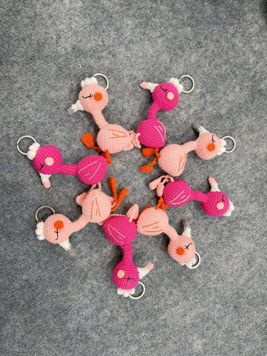 Handmade Crochet Flamingo Keychains, Cute Crochet Animal Charms, Unique Crochet Gift, Kawaii Crochet Accessories, Artisan Crochet Keychains